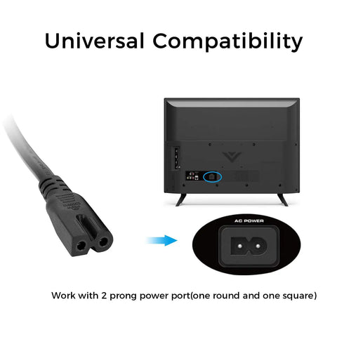 2 Prong Polarized AC Power Cord Heavy Duty 18 AWG Wire for Sewing Machines and Televisions, shown with universal compatibility