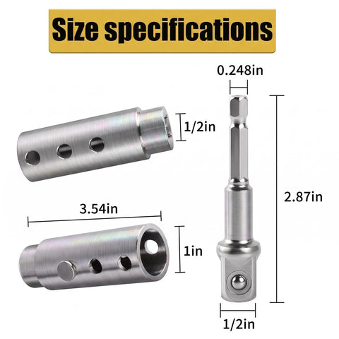 Heavy Duty Trailer Jack Drill Adapter size specifications showing 3.54in length, stainless steel with 1/2 inch socket bit.
