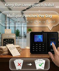 Straight Up Plug And Play Biometric Fingerprint Time Clock interface showing punch options and employee time cards in office setting.