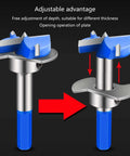 Front and installed views of a blue-handled hinge boring bit for 35mm hinge hole drilling in wood