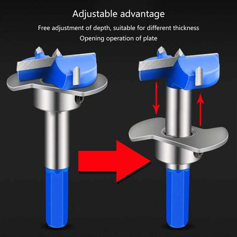 Front and installed views of a blue-handled hinge boring bit for 35mm hinge hole drilling in wood