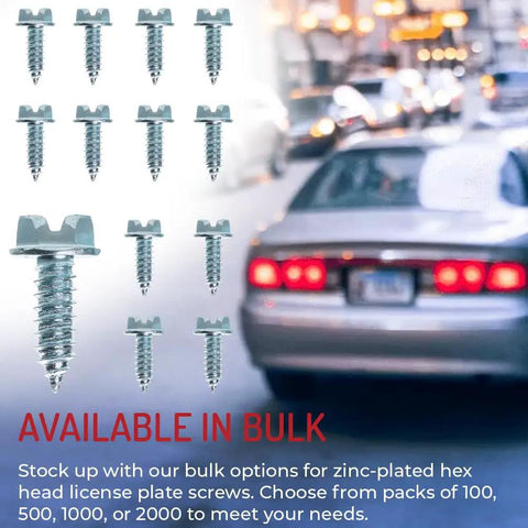 Image of Rock-Solid 1000 Pack Zinc Plated License Plate Screws Size Number 14 By Three-Quarters Inch Hex Head Fasteners shown on car.