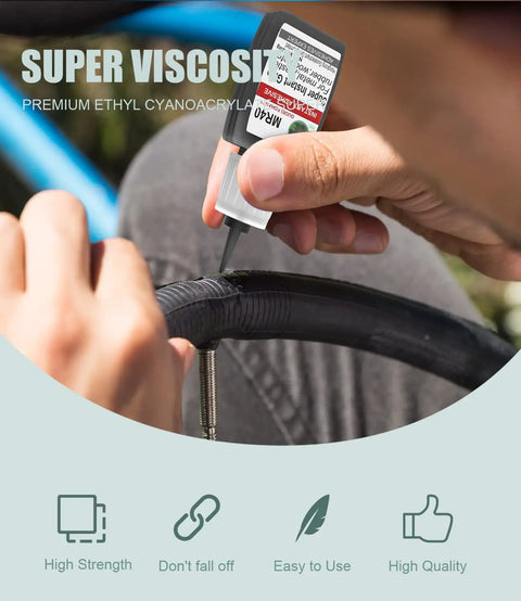 Person using Ultra Sticky Rubber Glue Instant Adhesive for Rubber Tires Crafts and More Quick Bond on a bicycle tire puncture