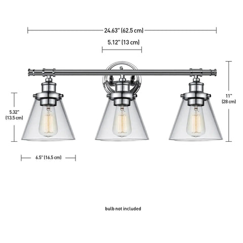 Parker 3-Light Vanity Light In Chrome With Clear Glass Shades, Bulb Not Included, dimensions 24.63W x 11H for bathroom