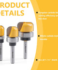 Three Piece Bowl And Tray Template Router Bit Set With 1/4 Inch Shank Carbide Round Nose Bits And Bearing, various sizes shown