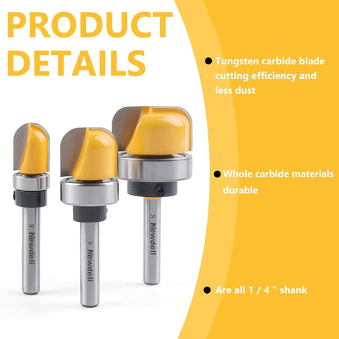 Three Piece Bowl And Tray Template Router Bit Set With 1/4 Inch Shank Carbide Round Nose Bits And Bearing, various sizes shown