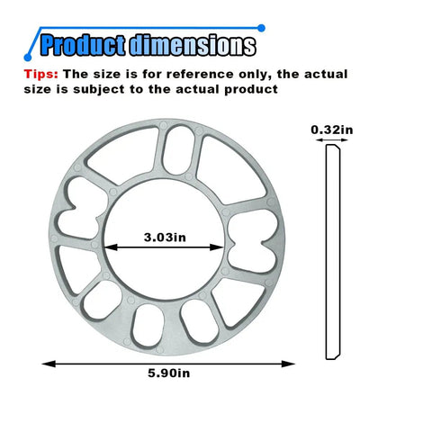 Boost Your Build With These Tough 8mm Universal Wheel Spacers Pair Crafted From Heat Treated Aluminum Alloy For Easy Slip On Fitment Across 4 Lug And 5 Lug Rims Covering Pcd 100 Through 120 Mm Patterns Like 4X100 4X1143 5X105 5X108 5X112, showing dimensions of 3.03in ID and 5.90in OD.