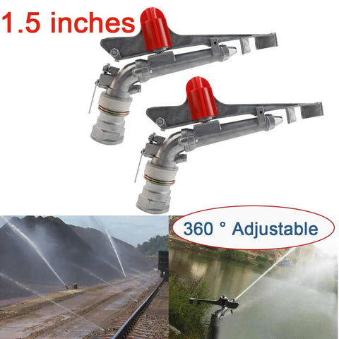 1.5 Inch Farm Sprinkler Spray Gun 360 Degree Rotary For Big Area Watering Farms Orchards Tea Gardens Forestry Pack Of 2 Adjustable 25 To 360 Degree Coverage With Heavy Duty Zinc Alloy Build showing dual sprinklers and irrigation scene.
