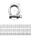 Badass Half Inch Stainless Steel Bow Shackle Screw Pin Anchor with dimensions and load specifications for heavy-duty use.