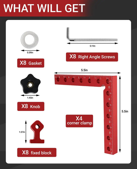 Four Piece Pro Grade 90 Degree Corner Clamps Set For Woodworking With 5.5 Inch Aluminum Alloy Right Angle Clamps And Handy Storage Case For Frames Cabinets Drawers, red clamp parts and sizes
