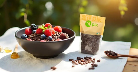 Bowl of yogurt with mixed berries and Organic Raw Cacao Nibs Pack Of Six 2.2 Lb Each Gluten Free Kosher Non GMO Vegan on table