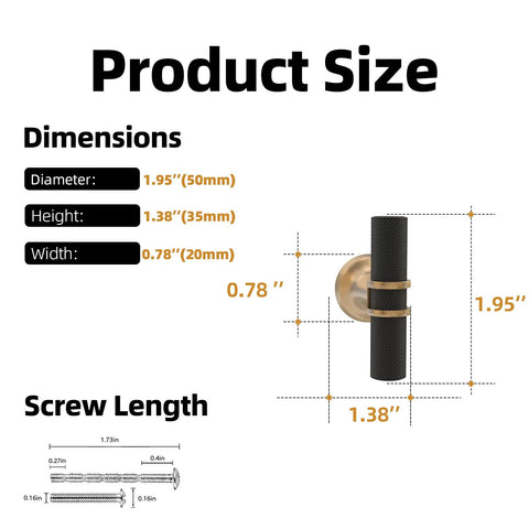 Product dimensions for 10 Pack Matte Black and Champagne Bronze Knurled Cabinet Knobs with dimensions and screw length details.