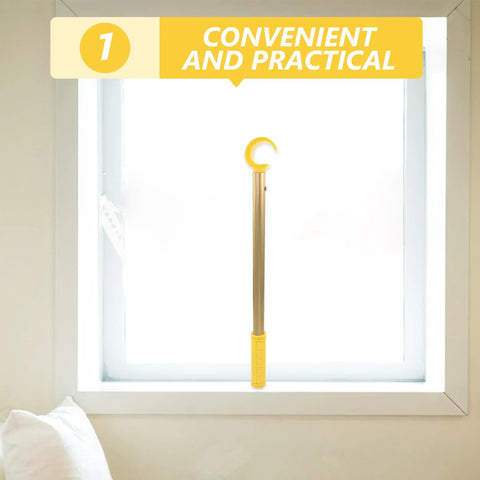 Image of 0.4m Adjustable Window Catch Pole Tool For High Windows placed on a window frame, showing ergonomic grip and aluminum shaft with non-slip handle.