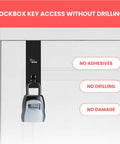 Rock Solid Over The Door Lock Box Bracket with key lock mounted on door, showcasing no drilling required for installation.