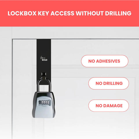 Rock Solid Over The Door Lock Box Bracket with key lock mounted on door, showcasing no drilling required for installation.
