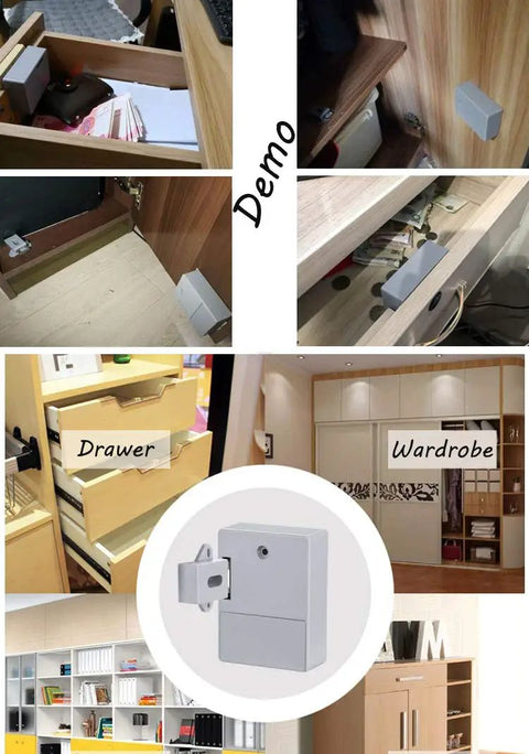 Rfid Electronic Cabinet Lock For Wooden Drawers And Cupboards Gray, Programmable Keyless Entry, installed in different wooden drawers and wardrobes.