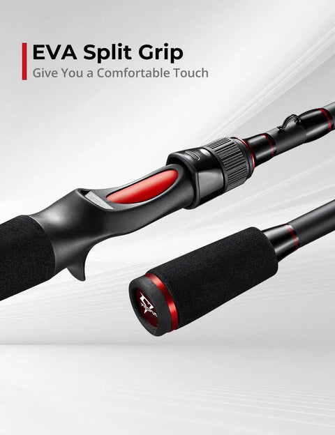 EVA split grip detail of Torrent Baitcaster Rod Two Piece Portable Casting Rod For Sensitive Lightweight High Strength IM6 Carbon Build All Day Angling
