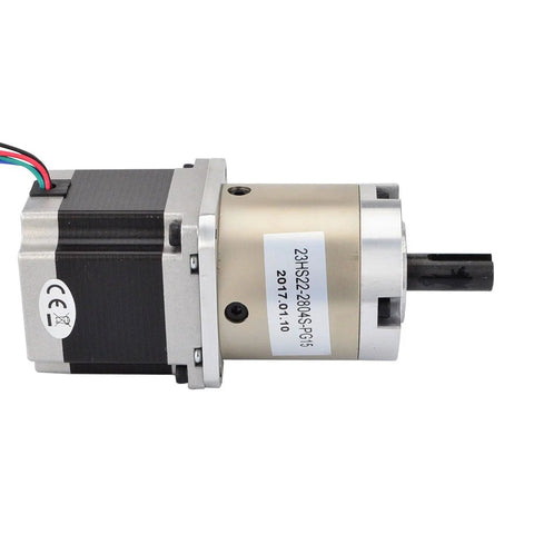 Side view of NEMA 23 stepper motor with a 15:1 planetary gearbox; black motor housing, silver gearbox, cable leads visible
