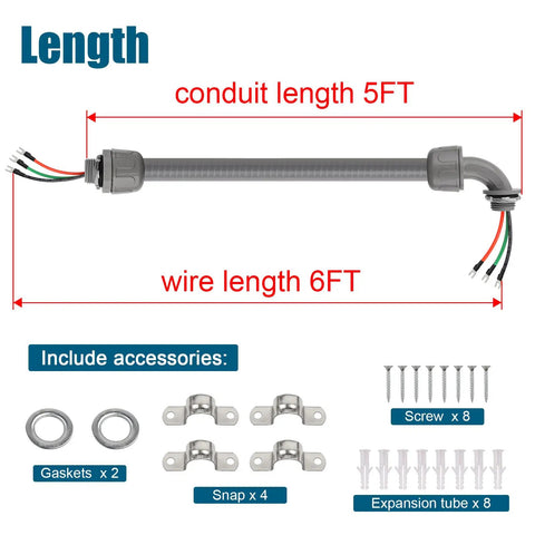 Six Foot Non Metallic Liquid Tight Conduit Kit with pre wired 1/2 inch electrical whip, 6ft wire, accessories shown