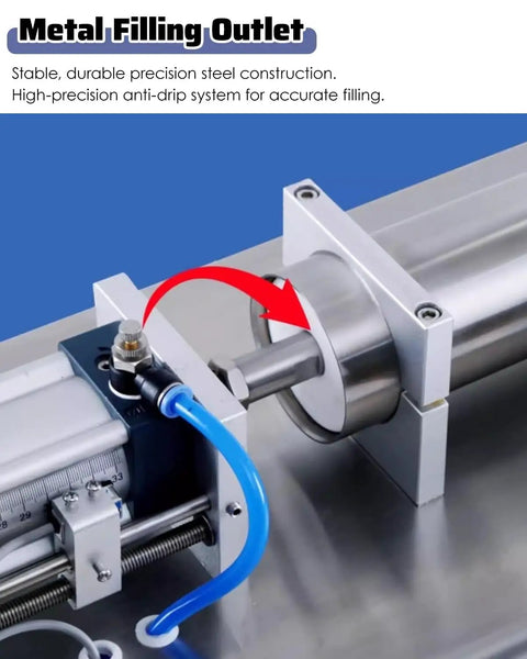 Metal filling outlet of the No Sweat Precision Filling With This Semi Automatic Horizontal Paste Liquid Filling Machine.