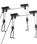 Ceiling Mount Bike Hoist Set Of 2 With Pulley System And Bike Hangers Easy Overhead Storage For Garage Or Workshop Holds Up To 55 Lbs Each Heavy Duty Rope Smooth Operation Space Saving, black metal hooks and rope