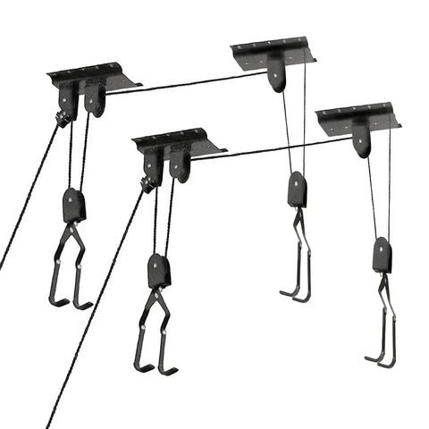 Ceiling Mount Bike Hoist Set Of 2 With Pulley System And Bike Hangers Easy Overhead Storage For Garage Or Workshop Holds Up To 55 Lbs Each Heavy Duty Rope Smooth Operation Space Saving, black metal hooks and rope