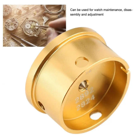 Premium Aluminum Watch Movement Base Repair Stand For 2892 And 2824 Movements, gold tone holder, angled view, securing tools