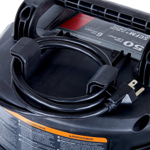 Power cord detail of Oil Free 6 Gallon Pancake Air Compressor with 150 PSI Max, Portable and Easy to Move, 2.6 CFM at 90 PSI, Made in USA