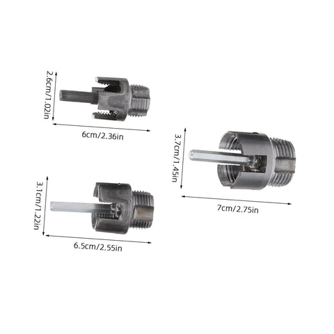 Heavy-Duty 3PC Pipe Threader Tool Kit For Plastic And Metal Water Pipes Steel construction threading heads with dimensions.