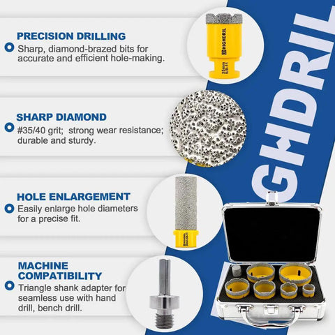 Diamond Drill Bits Kit For Porcelain Tile Ceramic Marble Concrete Vacuum Brazed Hole Saw Set features and case with tools