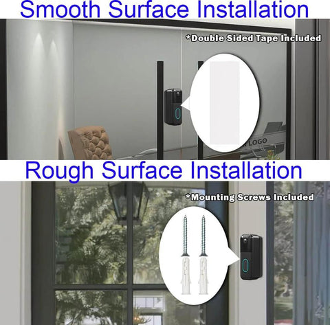 Doorbell Mount For Blink Video Doorbell 2nd Gen 2025 With An Adjustable Weatherproof Protective Case, No Drilling Required, shown installed on smooth and rough surfaces indoors and outdoors, with mounting options like tape and screws.