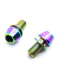 Pack Of Five M5 X 10 mm Cone Point Hex Socket Grub Screws With A Dope Rainbow Anodized Coating And Bulletproof TC4 Titanium Construction For Easy Zero Sweat Installation - side view of two titanium screws