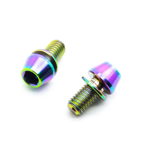 Pack Of Five M5 X 10 mm Cone Point Hex Socket Grub Screws With A Dope Rainbow Anodized Coating And Bulletproof TC4 Titanium Construction For Easy Zero Sweat Installation - side view of two titanium screws