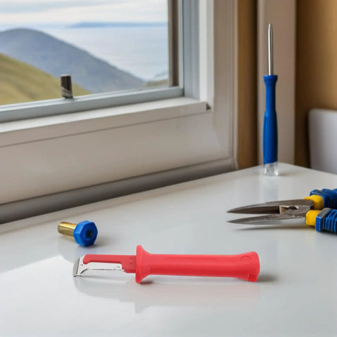 Heavy Duty Insulated Wire Stripper Knife With No Sweat Cable Cutting Razor Ergonomic Grip Handle on a work surface.