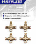Built Tough 3 Way Brake Line Tee Connector With M10 X 1.0 Stud Nuts For 3/16 Inch Tubing Universal Garage Essential Swap For Inverted Flare Systems 4 Pack showing brass connectors.