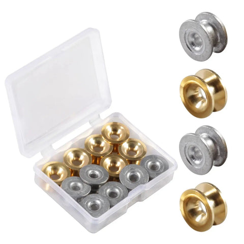 12 Pcs Grass Trimmer Eyelets Kit With Plastic Storage Box For String Trimmers Brass And Aluminum Eyelets Replacement Parts For Garden Tools Brush Cutters And Engine Trimmers Pro Grade showing open box with brass and aluminum eyelets