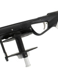 Close-up of 75cm Spearfishing Sling Gun With Open Muzzle For 14mm Circular Slings, highlighting stainless steel mechanism and reel.