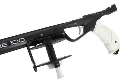 Close-up of 75cm Spearfishing Sling Gun With Open Muzzle For 14mm Circular Slings, highlighting stainless steel mechanism and reel.