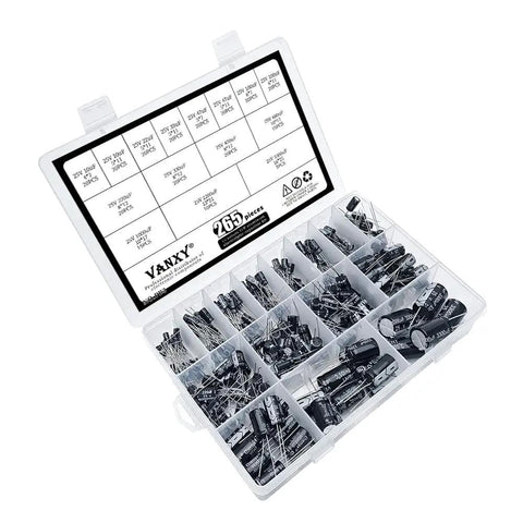 Open box of Massive 265 Piece 25V Aluminum Electrolytic Capacitor Kit With 15 Values From 10uF To 3300uF For Electronics Projects