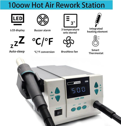 High Power 1000W Hot Air Rework Station With Auto Sleep, 110V Digital LCD Display and nozzle on white background