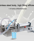 Automatic Pneumatic Liquid Filler Machine Horizontal Bottle Dosing Station Stainless Steel Frame with high filling efficiency.