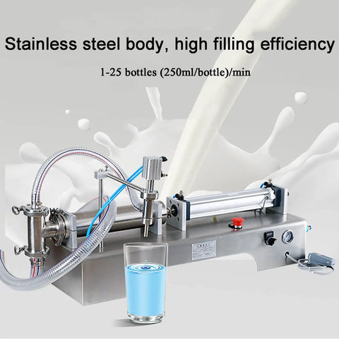 Automatic Pneumatic Liquid Filler Machine Horizontal Bottle Dosing Station Stainless Steel Frame with high filling efficiency.