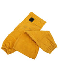 Rugged Cowhide Welding Sleeves For Men With Badass Spark And Spatter Defense Adjustable Buckle Soft Cotton Lining built tough, yellow cowhide sleeves laying flat.