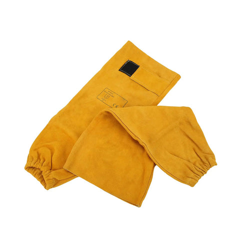 Rugged Cowhide Welding Sleeves For Men With Badass Spark And Spatter Defense Adjustable Buckle Soft Cotton Lining built tough, yellow cowhide sleeves laying flat.