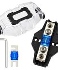 Heavy Duty 60 Amp Mini ANL Fuse Holder With 0 2 And 4 Gauge Wire Setup including clear shield, fuse, and tools for car stereo.