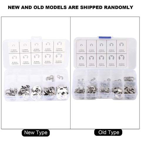 120 Piece Stainless Steel Snap Ring Set For Shaft Positioning And Engine Piston Connecting Rods E Type Retaining Rings Assortment Fits Shafts From 1 5mm To 10mm Heavy Duty 304 Stainless in two cases showing new and old models of E-type retaining rings.