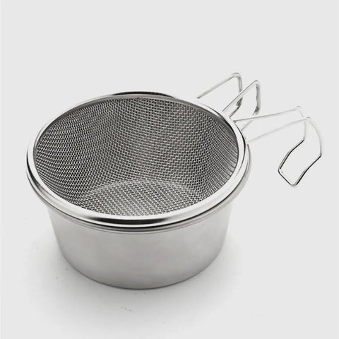 Lightweight Camping Cookware Set 304 Stainless Steel With Drainable Filter mesh bowl and handles on white background