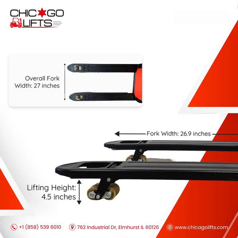 Robust Chicago Lifts Full Electric Pallet Jack 4400 Lb Capacity With 48 Inch By 27 Inch Fork Size For Heavy Duty Warehouse Moving And Logistics. Fork dimensions shown.