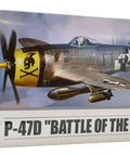 Box of P47D Battle Of The Bulge 1 To 72 Scale Plastic Model Airplane Kit With Roughly 6 Inch Wingspan Highly Detailed Parts Includes Two Decal Sheets Painting And Gluing Required Not Included Great For Hobbyists And History Buffs, showing model airplane art and markings.
