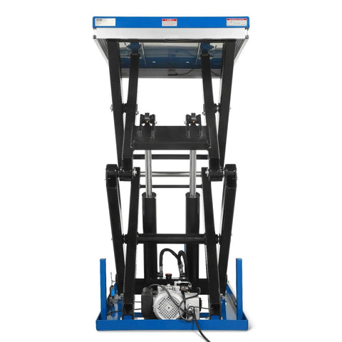 Heavy Duty Wireless Remote Control Double Scissor Hydraulic Lift Table With 4400 Lb Load Capacity And 72.6 Inch Height For Warehouse Jobs, detailed view from the front.